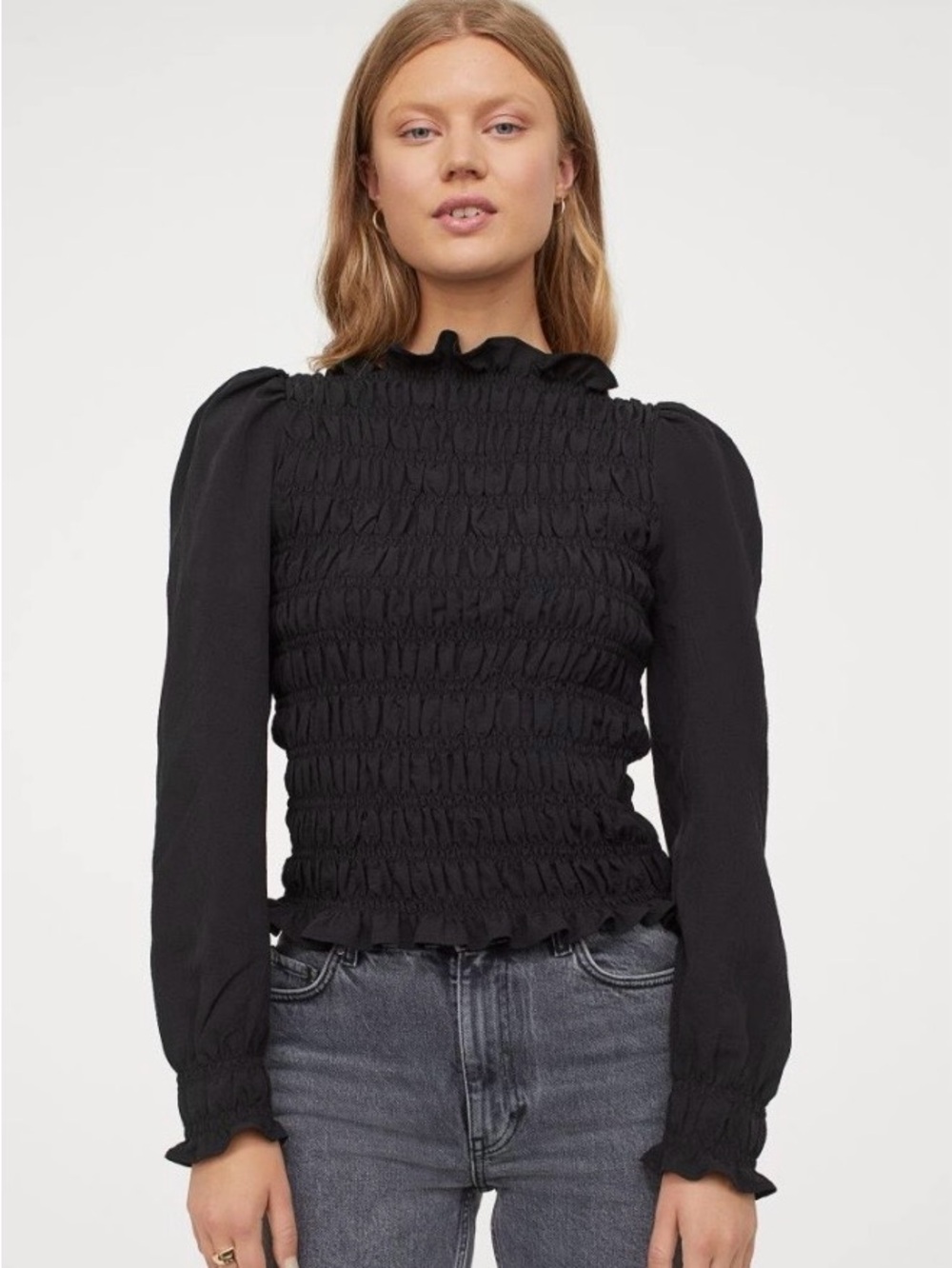 H&M Black Smocked Ruffle-Neck Long Sleeve Blouse